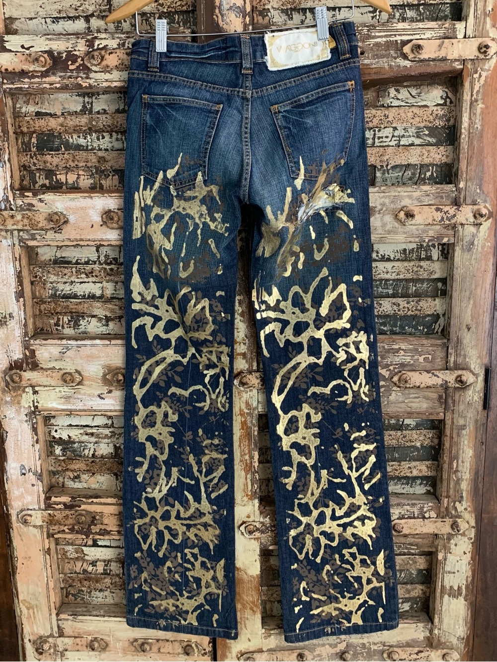 NWOT Waggon Paris Y2K Gilded Metallic Gold Paint Distressed Jeans, VTG Grunge 28 - Picture 2 of 16